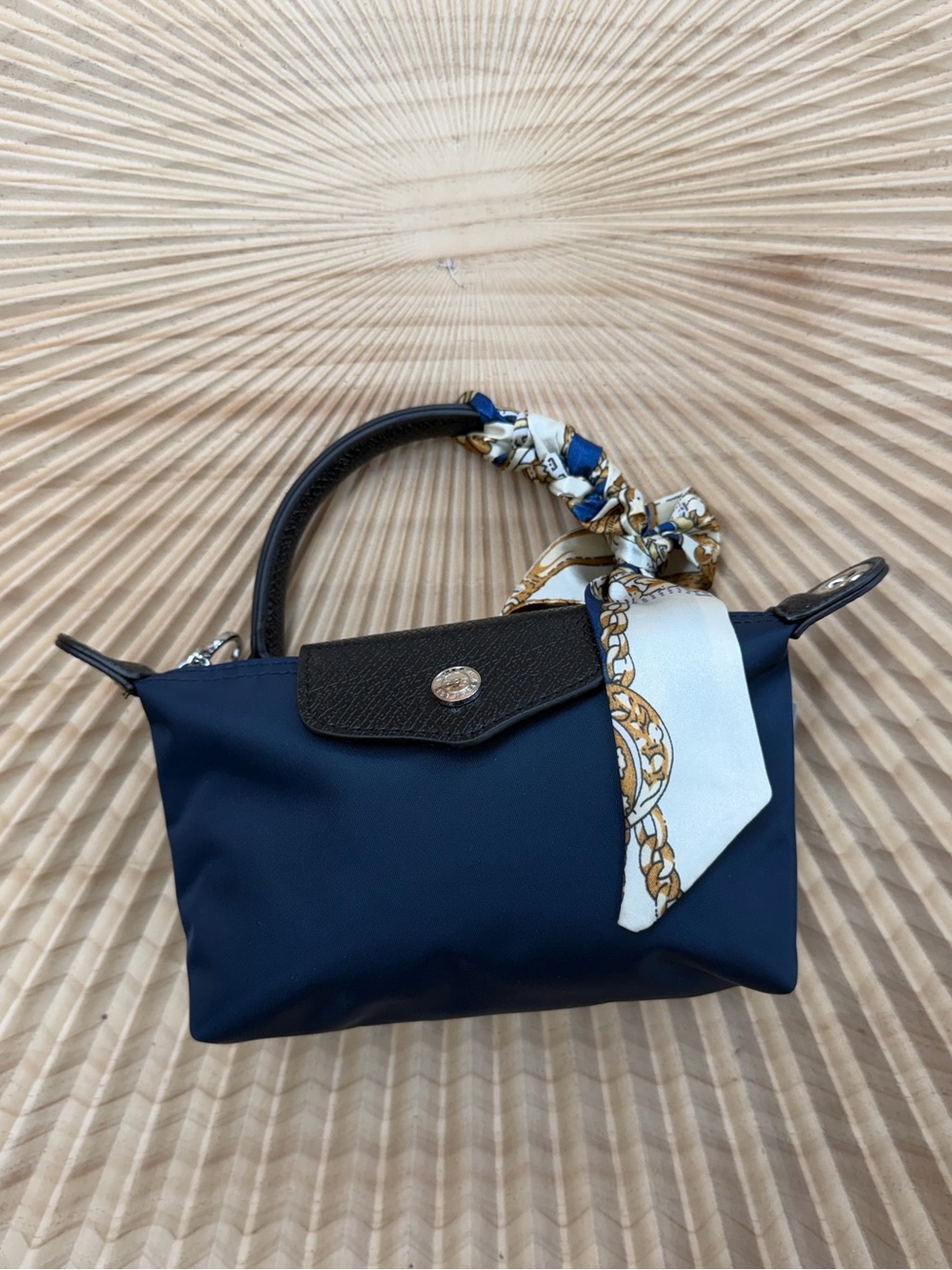 Small Navy Nylon Top-Handle Bag with Scarf
